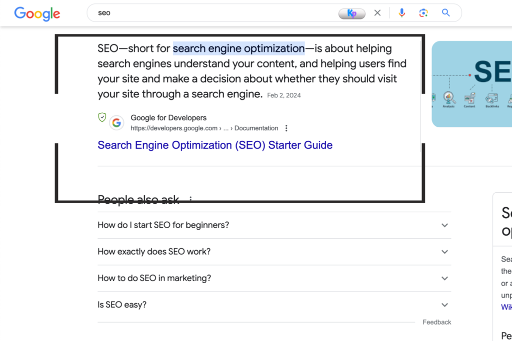 Screenshot of a Google search page with the query "SEO: A Short for Search Engine Optimization". The top result is a snippet from the Google Developers website that defines SEO and its purpose.