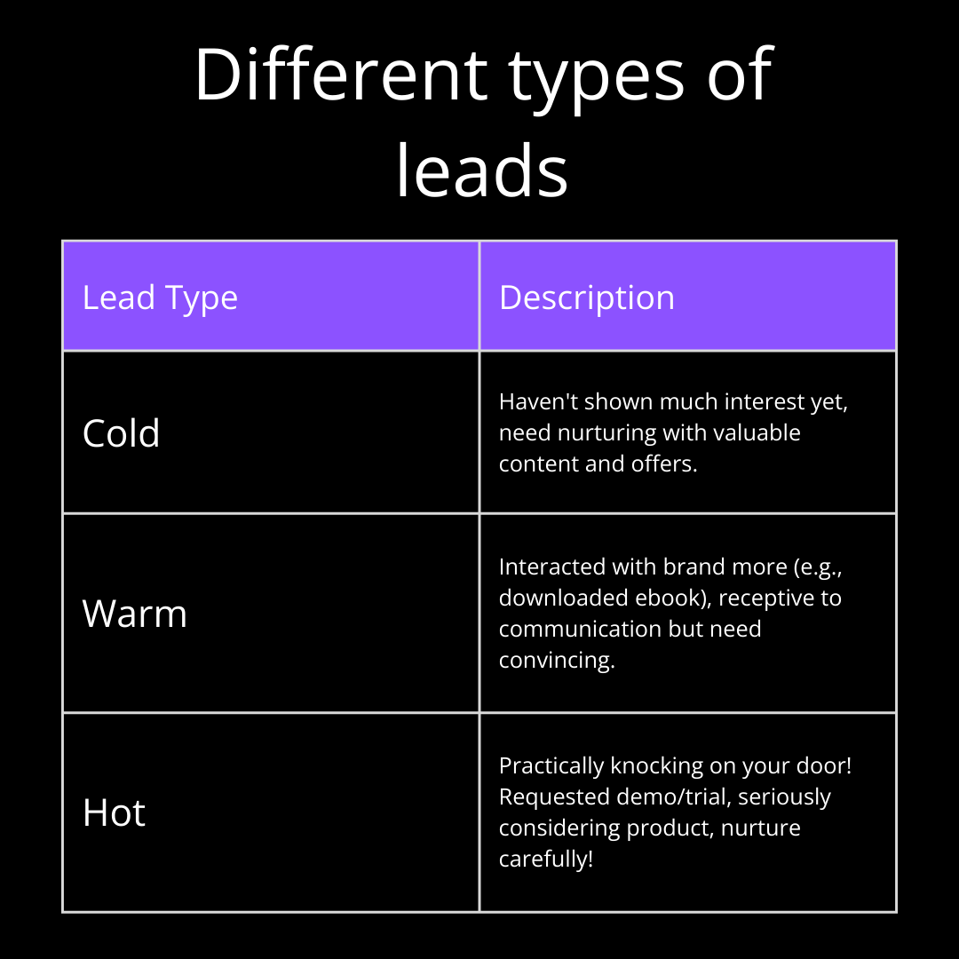A table with three columns showing different types of leads and their descriptions. The first column is titled 'Lead Type' and the second column is titled 'Description